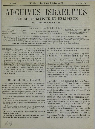 Archives israélites de France. Vol.40 N°43 (23 oct. 1879)